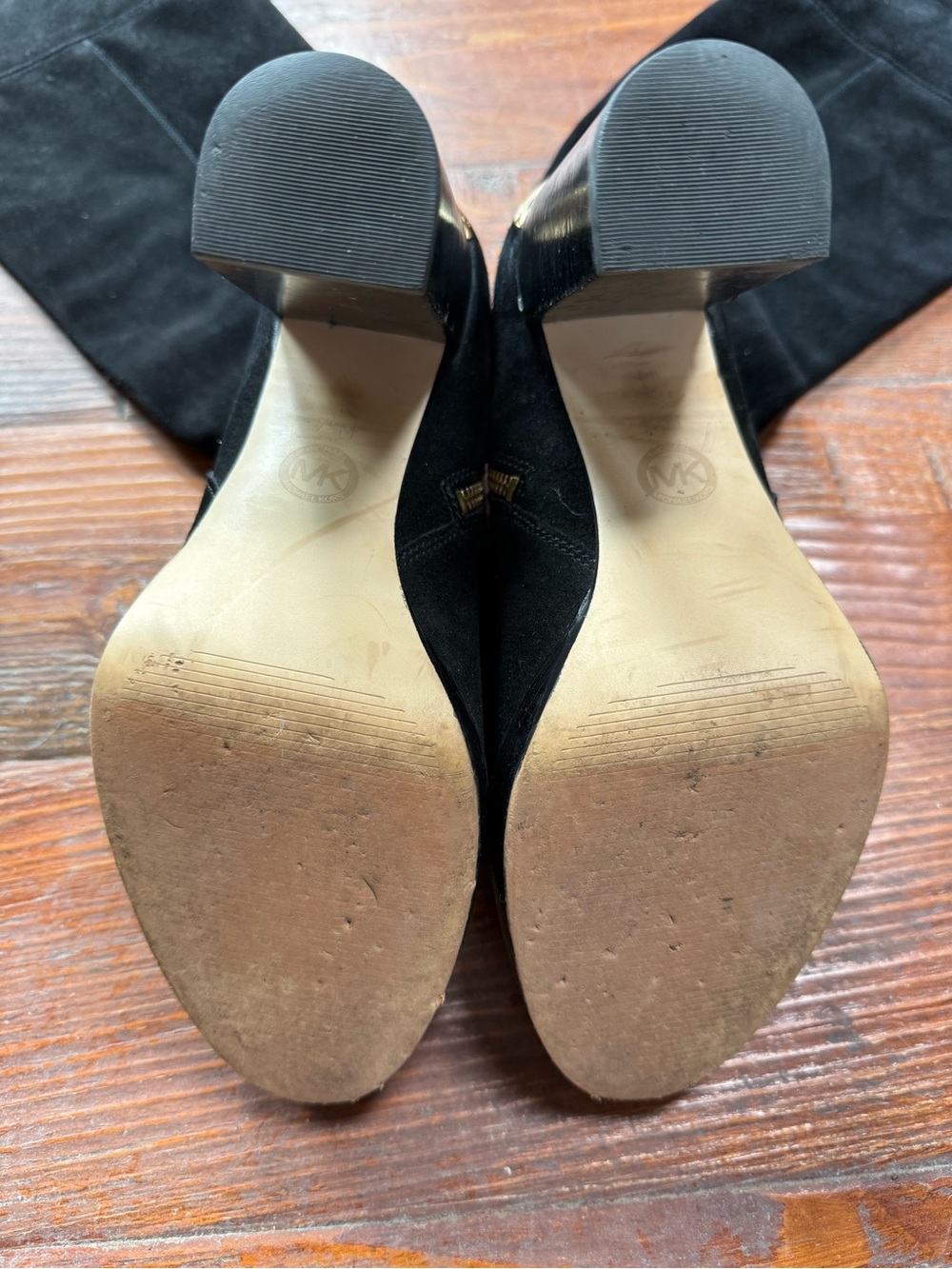 Michael Kors Black Suede Knee-High Platform Boots with Gold Zip Accent - Picture 5 of 6
